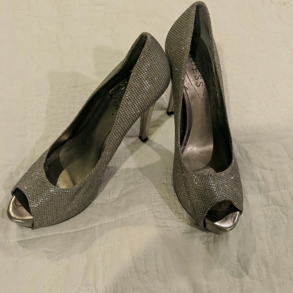 Guess silver peep toe pumps